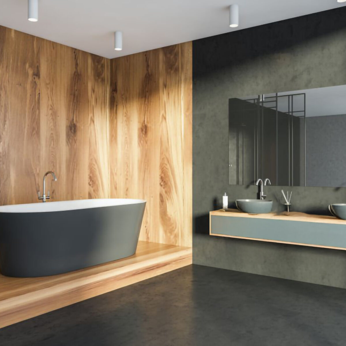 Interior, having black stone walls and flooring, pairing with wooden corner space with tub inside the area with mirror and shelf vanity with two basins. Concept of a modern house design. 3d rendering