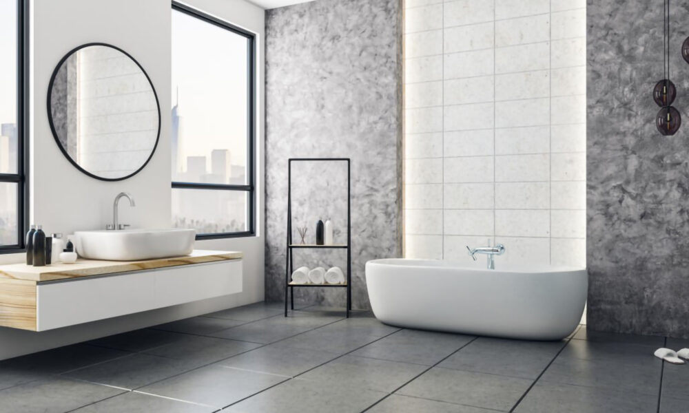 Modern bathroom interior with city view and blank poster on wall. Design and style concept. Mock up, 3D Rendering