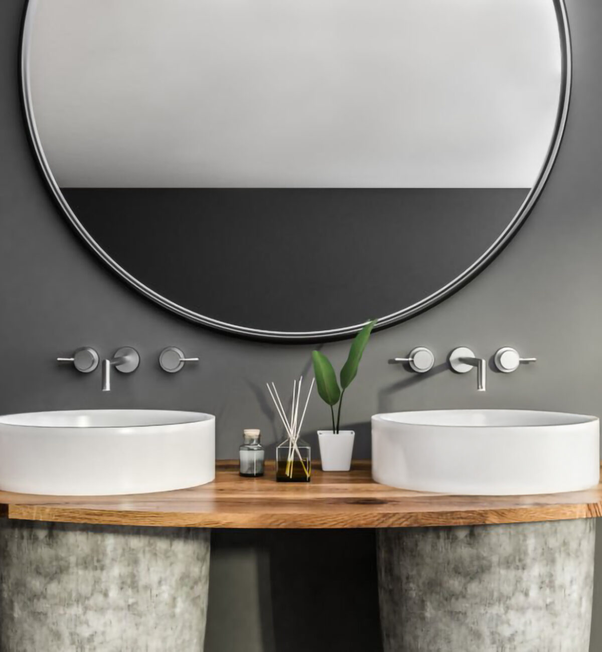 Close up of white round double sink standing on wooden shelf in bathroom interior with gray walls and big round mirror. 3d rendering